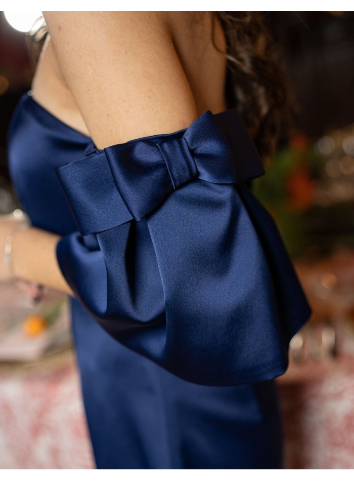 Short satin party dress with bardot neckline
