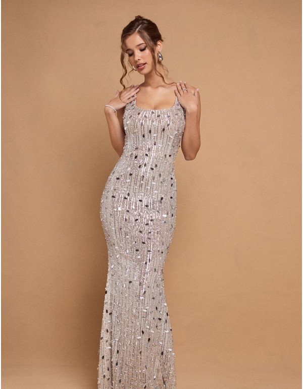 Long silver gala dress with rhinestones