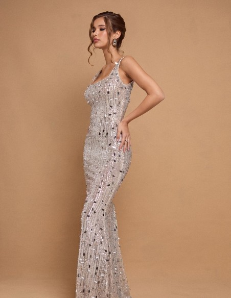 Longue robe de bal argentée avec strass