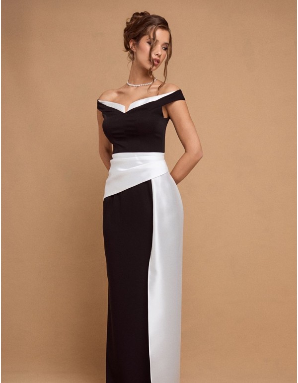 Black and white long party dress with bandeau neckline 2