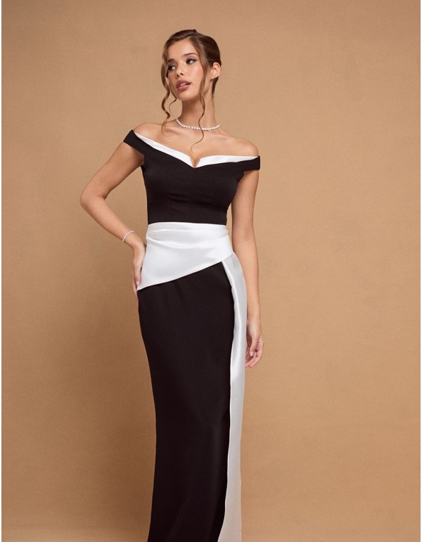 Longue robe de soirée noire et blanche avec encolure bandeau