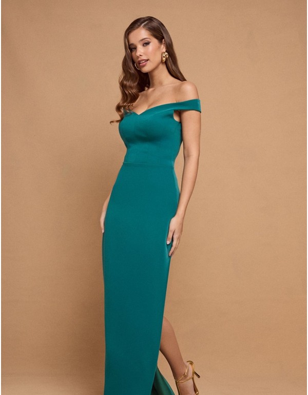 Emerald green long dress with bandeau neckline 2