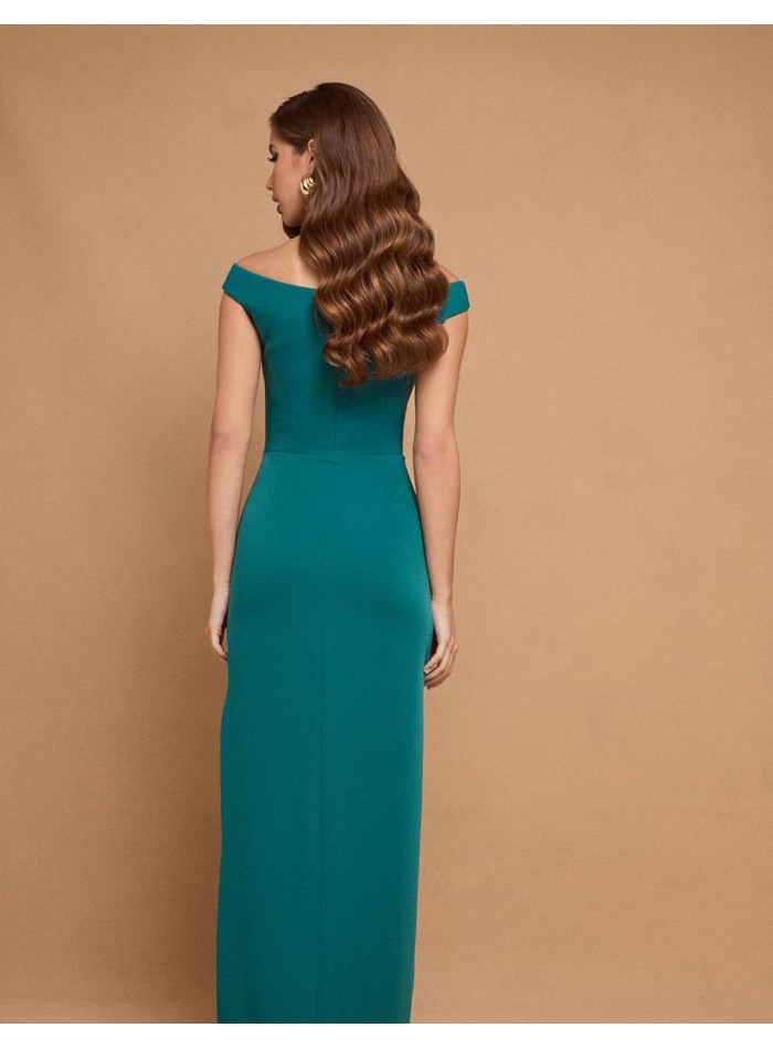 Emerald green long dress with bandeau neckline
