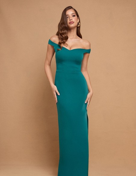 Vestido largo verde esmeralda escote bandeau