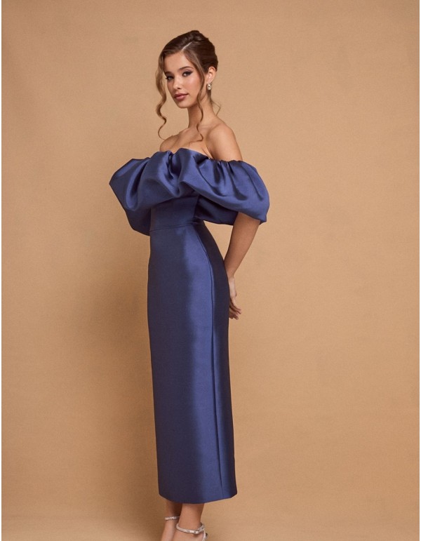 Robe de soirée midi bleue à encolure volantée 2