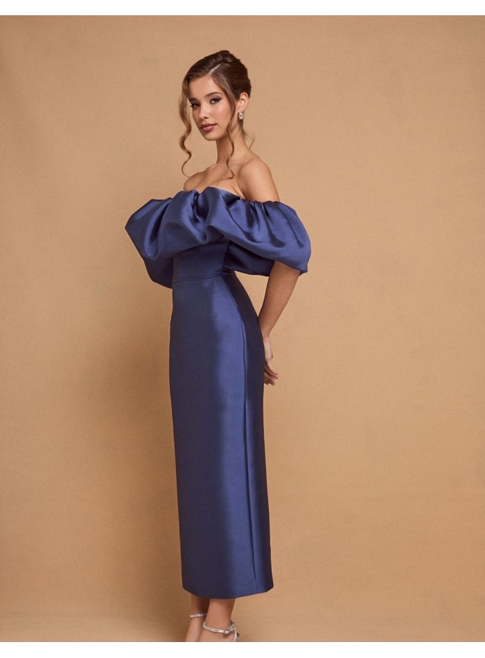 Blue midi party dress with ruffled neckline