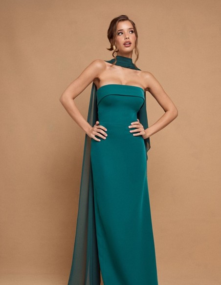 Robe longue sans bretelles avec cape vert émeraude