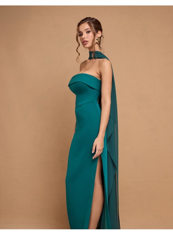 Robe longue sans bretelles avec cape vert émeraude