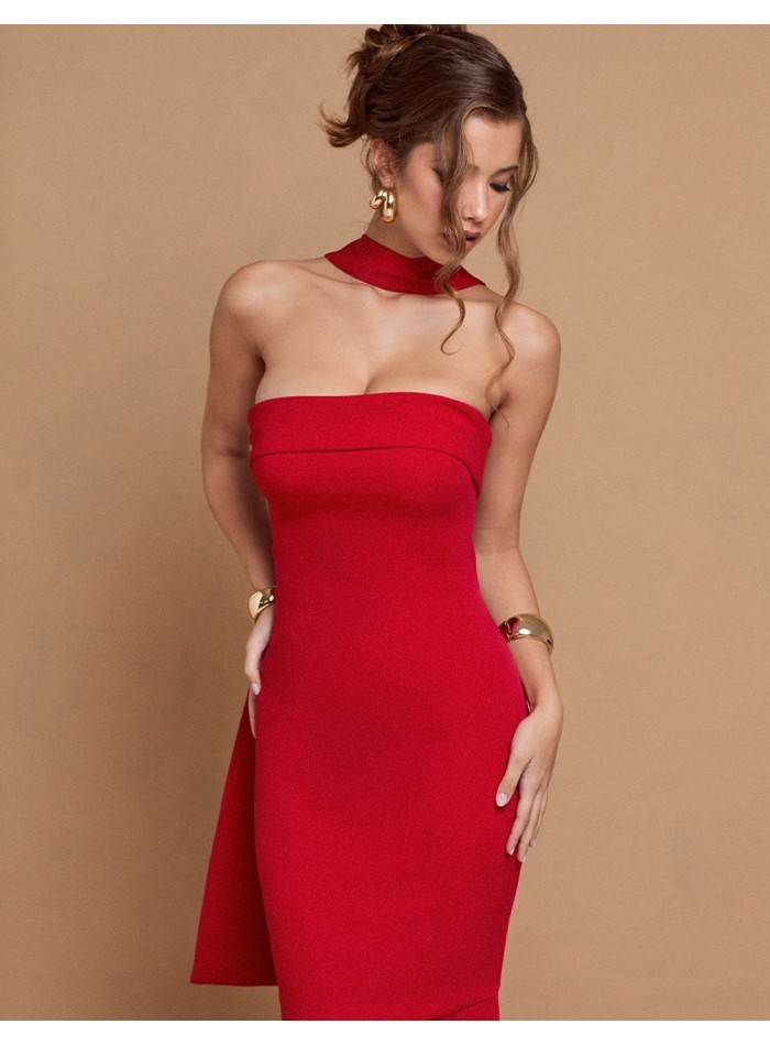 Long red strapless party dress with sash
