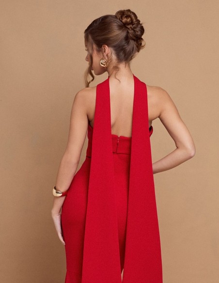 Long red strapless party dress with sash