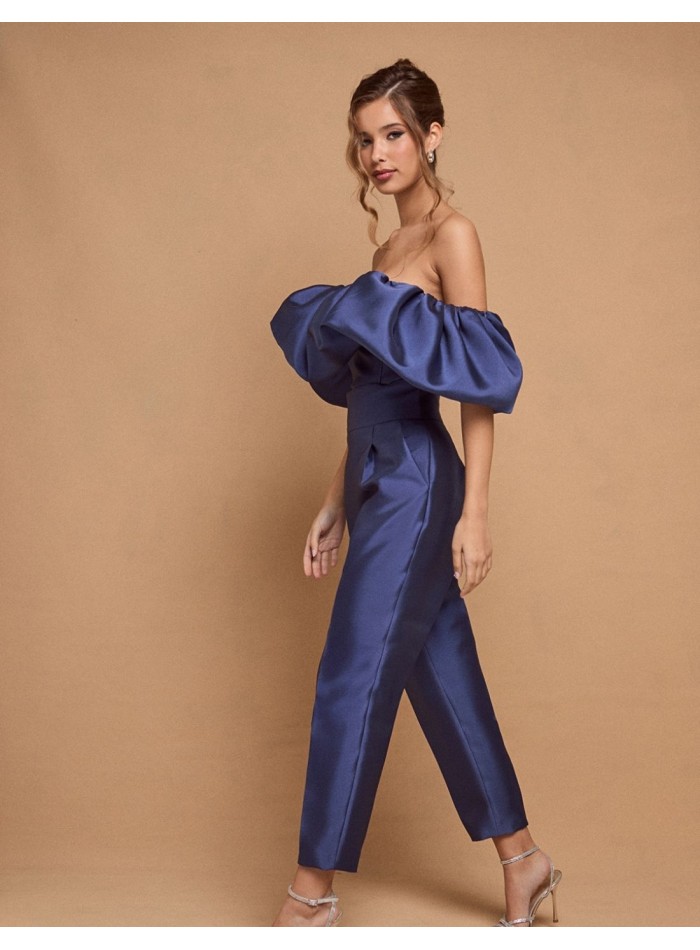 Pantalon de fête bleu long et droit à taille haute