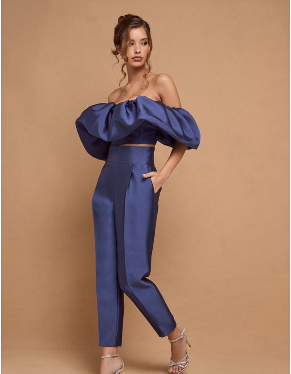 Pantalon de fête bleu long et droit à taille haute