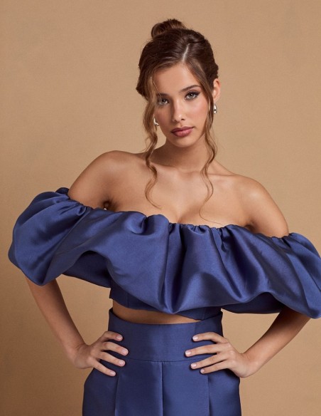 Blue party top with maxi ruffle neckline