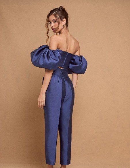 Blue party top with maxi ruffle neckline