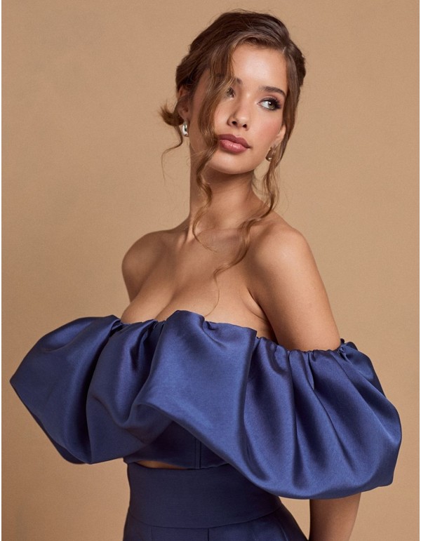 Blue party top with maxi ruffle neckline