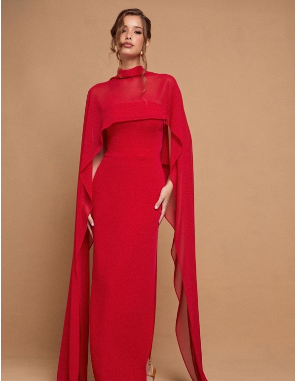 Longue robe de soirée rouge sans bretelles avec cape maxi