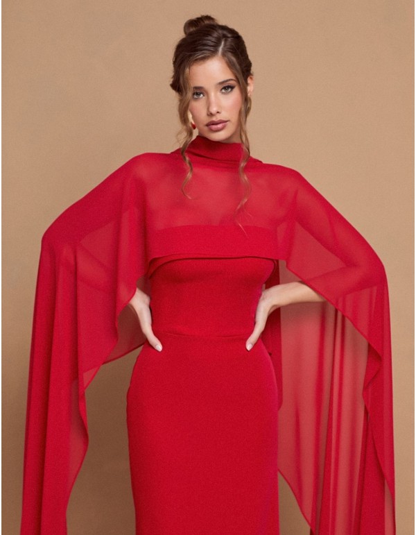 Longue robe de soirée rouge sans bretelles avec cape maxi 2