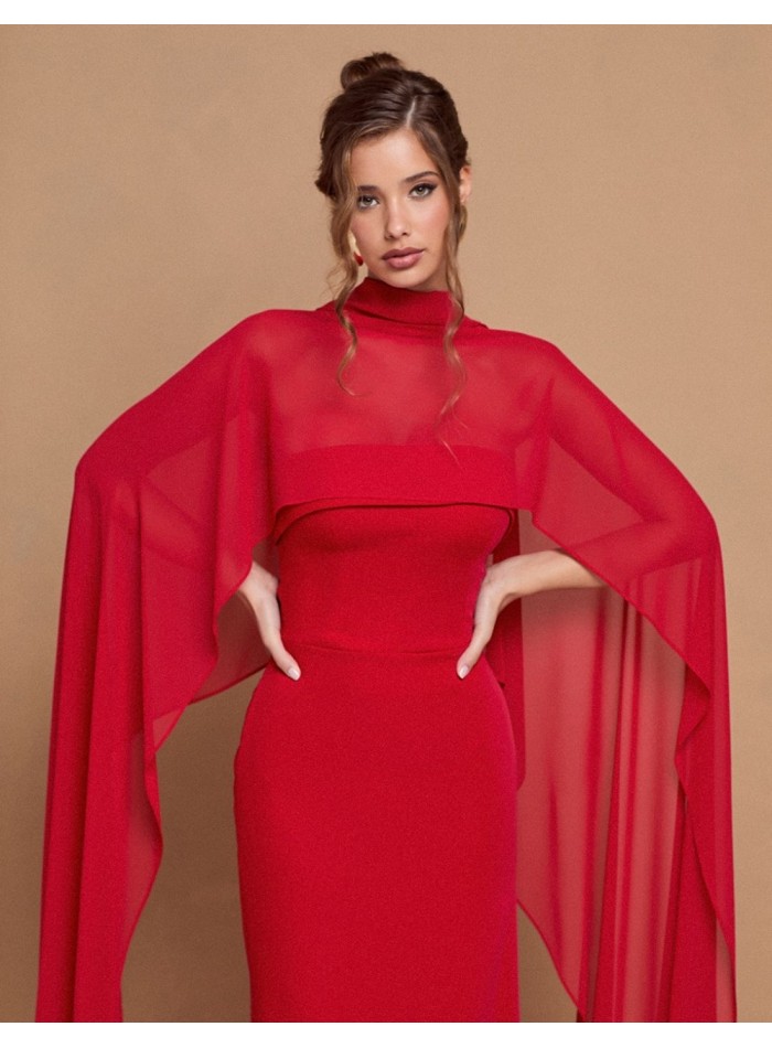 Long strapless red party dress with maxi cape