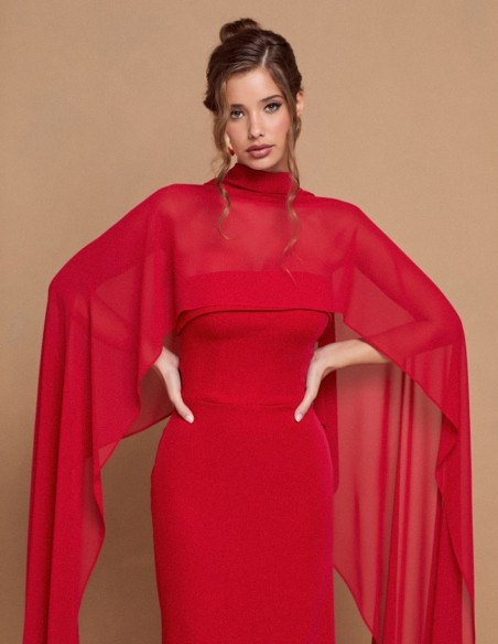Long strapless red party dress with maxi cape
