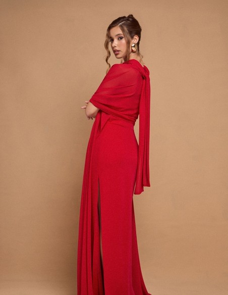 Longue robe de soirée rouge sans bretelles avec cape maxi