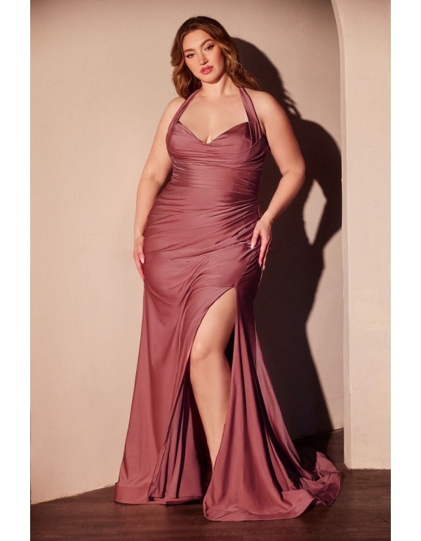 Vestido de fiesta largo plus size con escote halter y abertura rosa