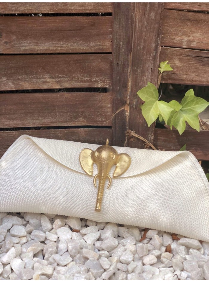 Raffia bag with elephant clasp in bronze