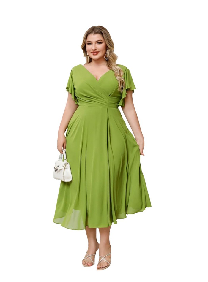 Vestido de fiesta midi de gasa con manguita pistachi