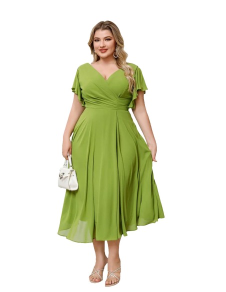 Vestido de fiesta midi de gasa con manguita pistachi