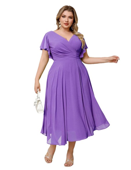 Vestido de fiesta midi de gasa con manguita en color lila para talla grande
