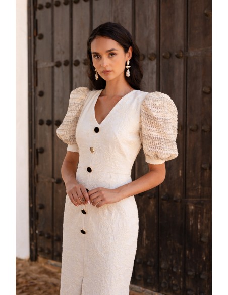 White cocktail dress with short puffed sleeves