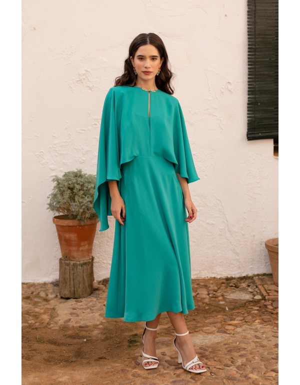 Turquoise midi dress with asymmetrical cape 2