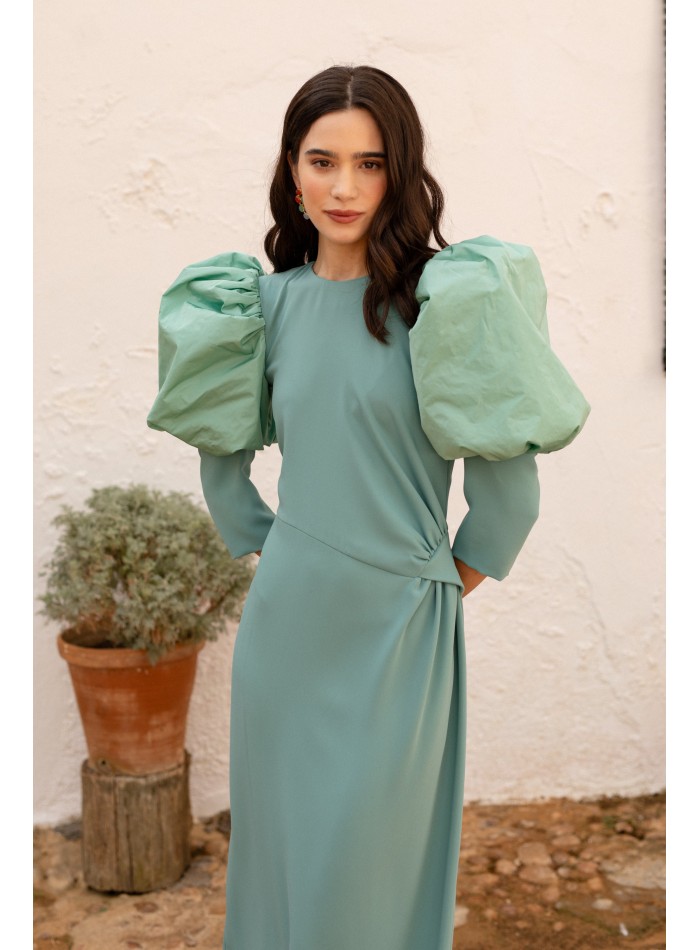 Mint green draped midi dress with long puffed...