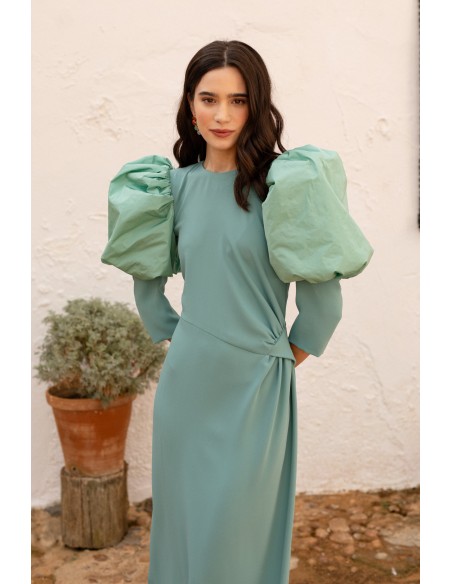 Mint green draped midi dress with long puffed sleeves