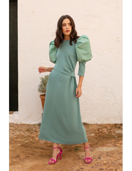 Mint green draped midi dress with long puffed sleeves