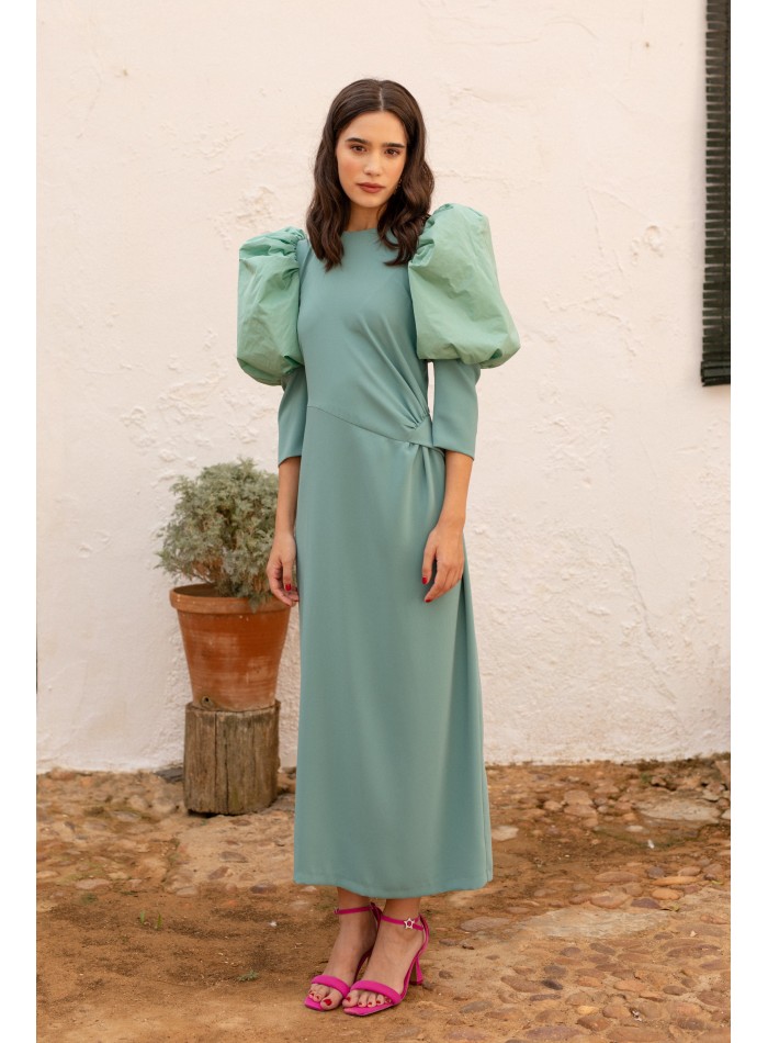 Mint green draped midi dress with long puffed...