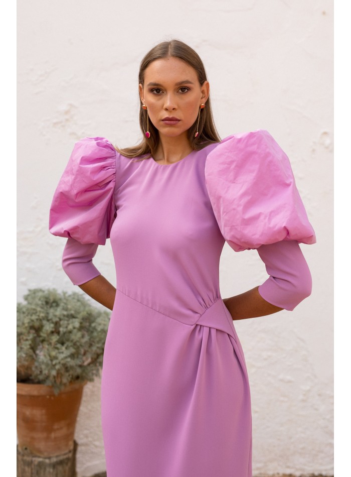 Robe de soirée midi lilas à manches longues...
