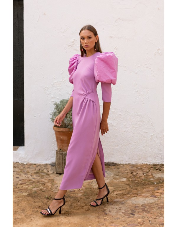 Vestido midi de fiesta lila con manga larga abullonada para eventos