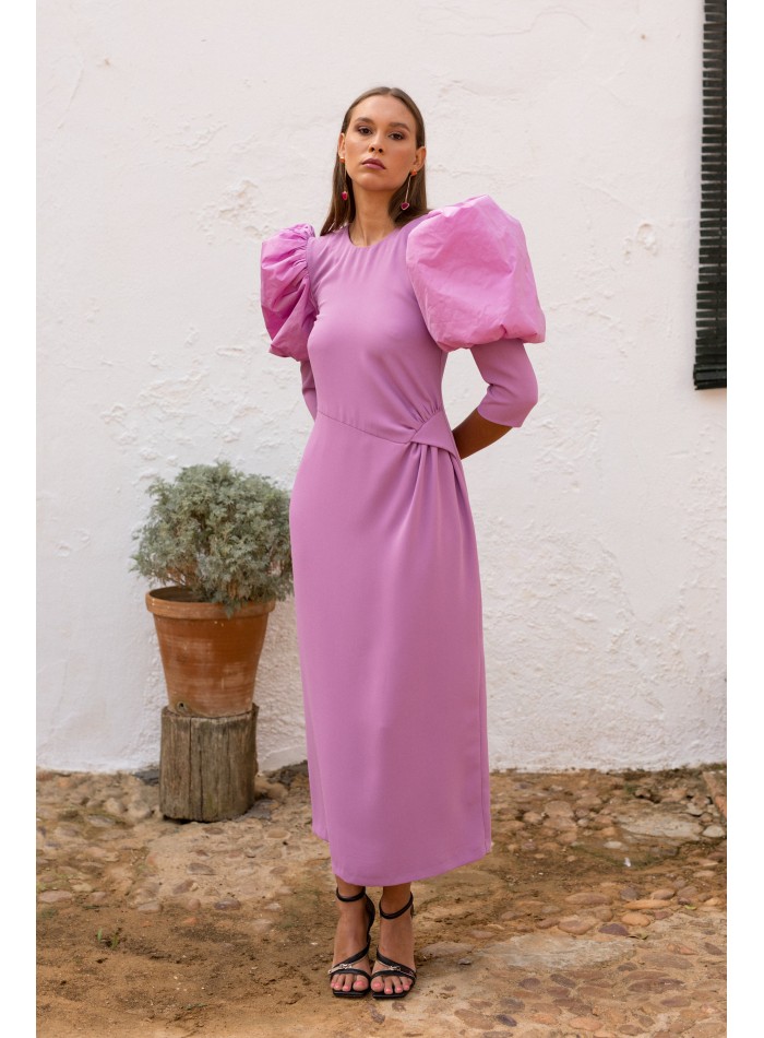 Robe de soirée midi lilas à manches longues...