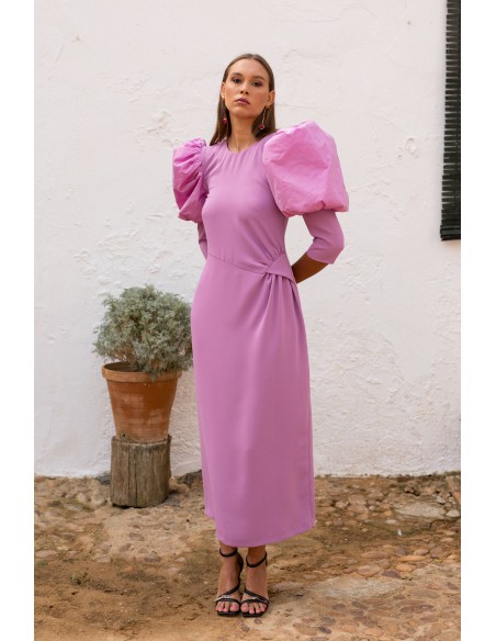 Vestido midi de fiesta lila con manga larga abullonada para invitada