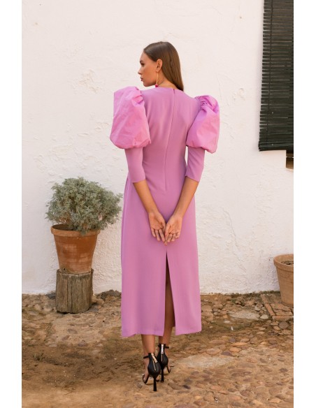 Robe de soirée midi lilas à manches longues bouffantes