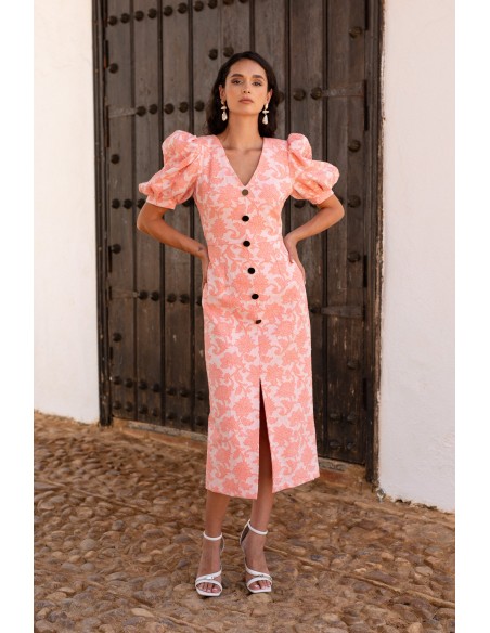 Robe de cocktail en jacquard floral saumoné