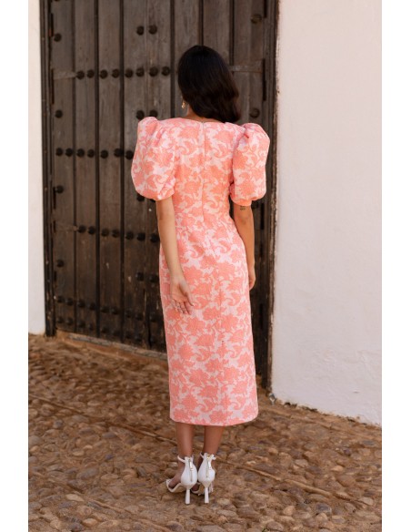 Salmon jacquard floral cocktail dress