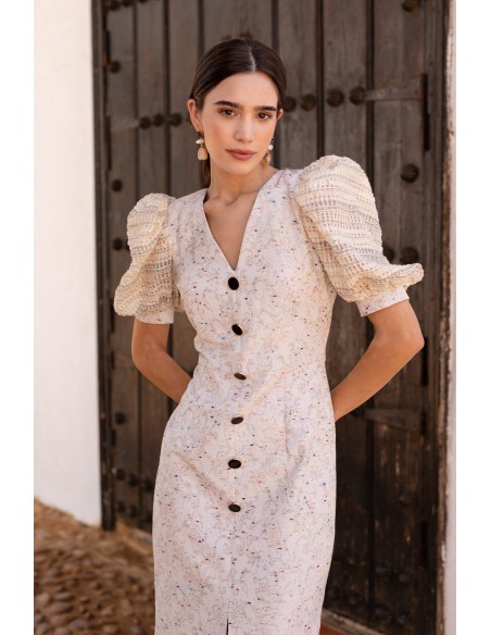 Robe de cocktail en lurex à manches courtes bouffantes