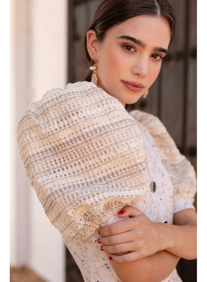 Vestido de cóctel lúrex con manga corta abullonada para eventos