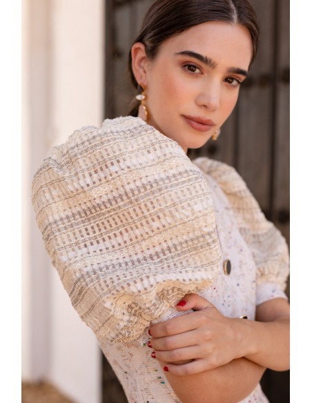 Vestido de cóctel lúrex con manga corta abullonada para eventos