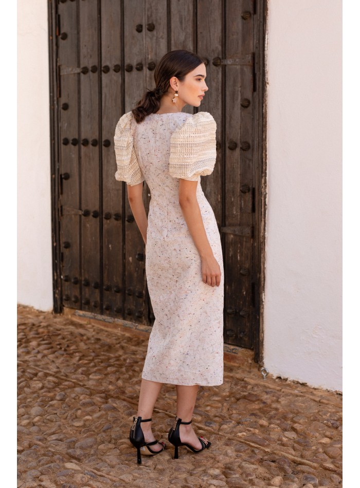 Vestido de cóctel lúrex con manga corta abullonada para mama comunion