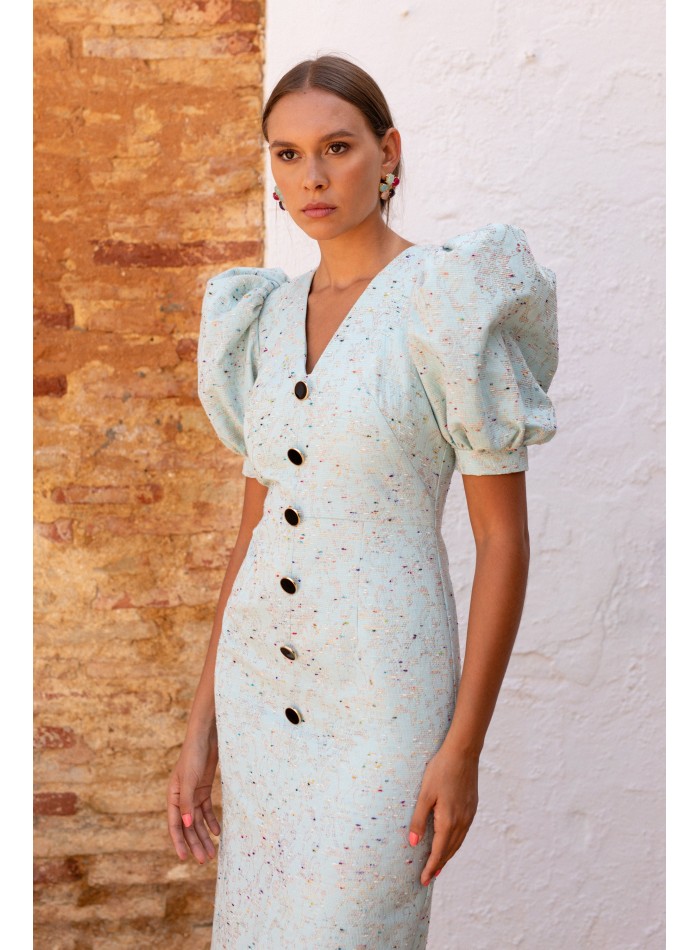 Printed cocktail dress with short puffed sleeves