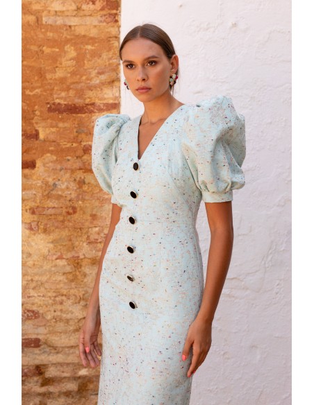 Vestido de cóctel estampado con manga corta abullonada