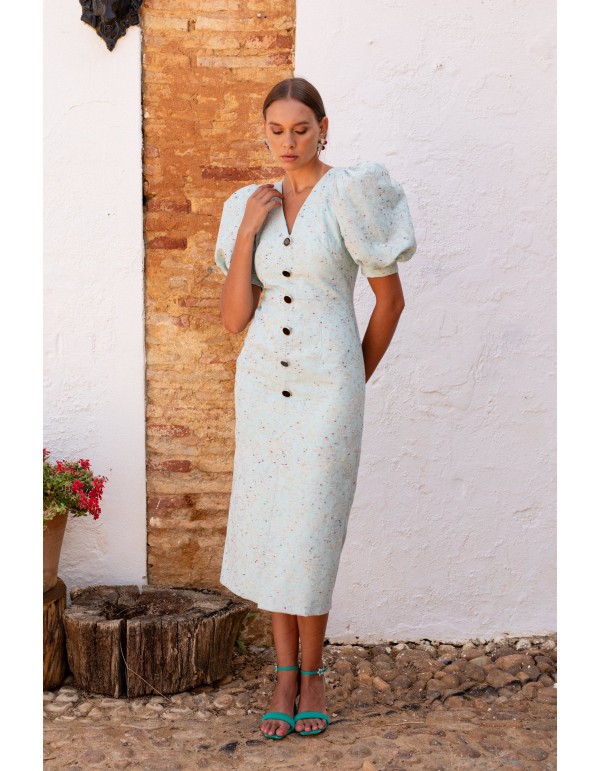 Robe de cocktail imprimée à manches courtes bouffantes