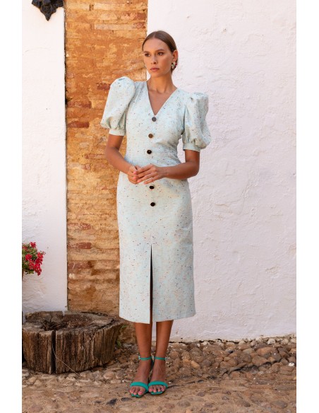 Robe de cocktail imprimée à manches courtes bouffantes